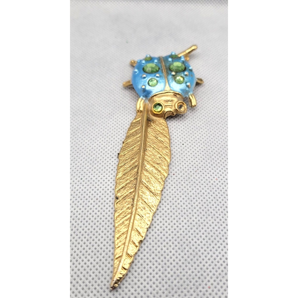 Vintage Letter Brass  Opener Beetle Bug on Leaf Gold Tone Rhinestone